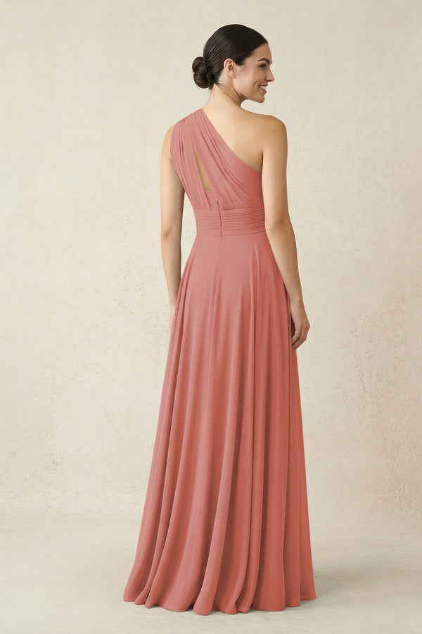 One-Shoulder A-Line Pleated Chiffon Bridesmaid Dress in Mulberry (2) | KISSBRIDAL