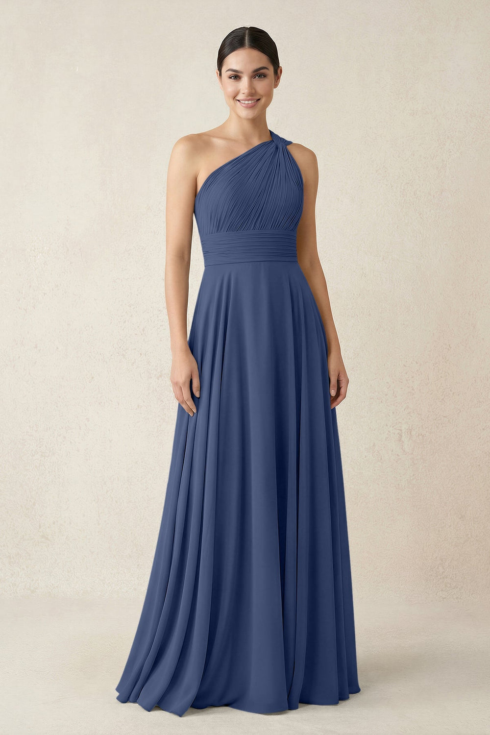 One - Shoulder A - Line Pleated Chiffon Bridesmaid Dress in Navy - KISS BRIDAL Bridesmaid Dresses