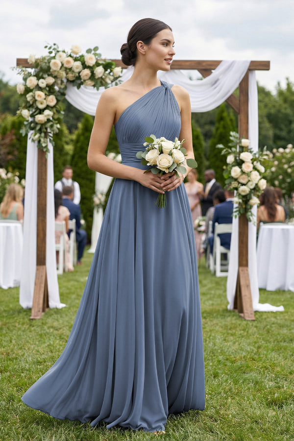 One-Shoulder A-Line Pleated Chiffon Bridesmaid Dress in Neptune