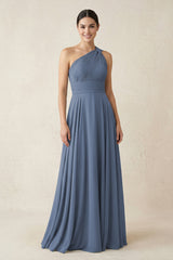 One - Shoulder A - Line Pleated Chiffon Bridesmaid Dress in Neptune - KISS BRIDAL Bridesmaid Dresses