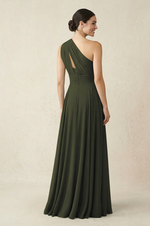 One-Shoulder A-Line Pleated Chiffon Bridesmaid Dress in Olive (2) | KISSBRIDAL