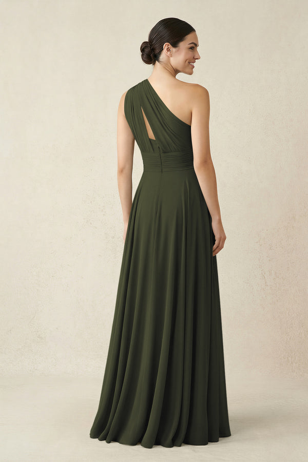 One-Shoulder A-Line Pleated Chiffon Bridesmaid Dress in Olive (2) | KISSBRIDAL