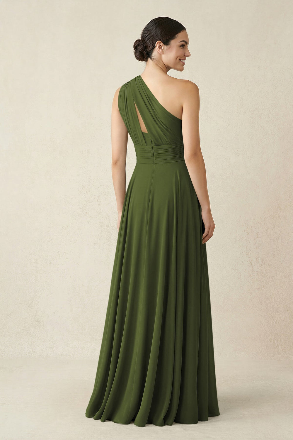 One - Shoulder A - Line Pleated Chiffon Bridesmaid Dress in Olive - KISS BRIDAL Bridesmaid Dresses