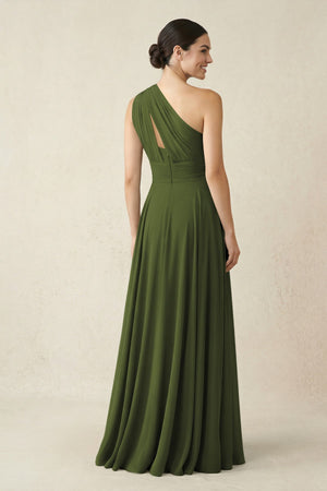 One - Shoulder A - Line Pleated Chiffon Bridesmaid Dress in Olive - SHE IS ME Bridesmaid Dresses