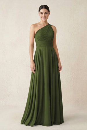 One - Shoulder A - Line Pleated Chiffon Bridesmaid Dress in Olive - SHE IS ME Bridesmaid Dresses