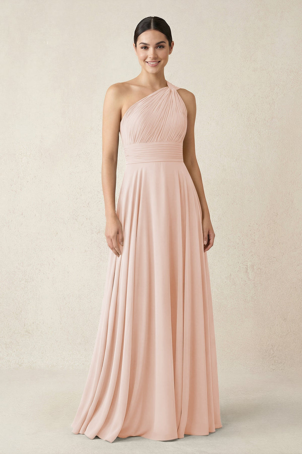 One - Shoulder A - Line Pleated Chiffon Bridesmaid Dress in Pale Blush - KISS BRIDAL Bridesmaid Dresses