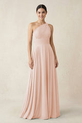 One - Shoulder A - Line Pleated Chiffon Bridesmaid Dress in Pale Blush - KISS BRIDAL Bridesmaid Dresses