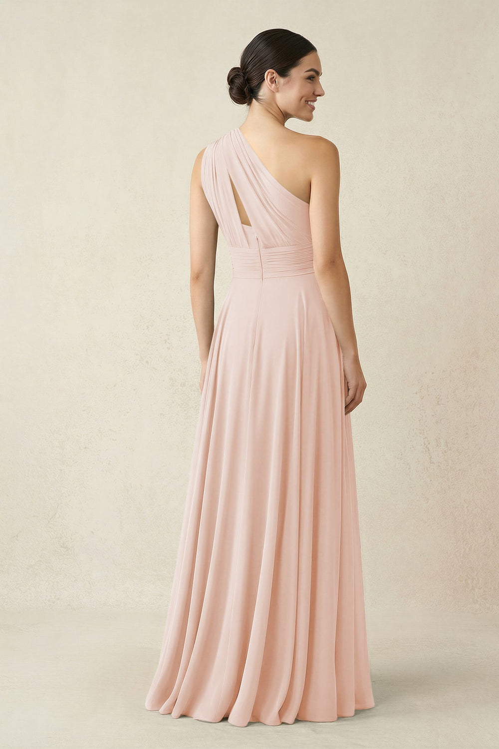 One - Shoulder A - Line Pleated Chiffon Bridesmaid Dress in Pale Blush - KISS BRIDAL Bridesmaid Dresses