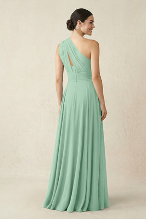 One-Shoulder A-Line Pleated Chiffon Bridesmaid Dress in Pale Pistachio (2) | KISSBRIDAL