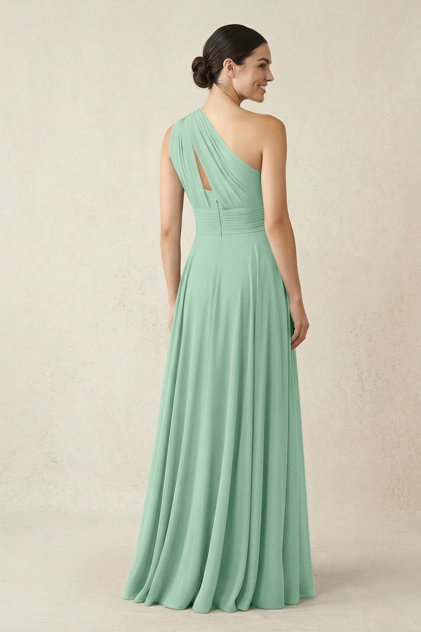 One-Shoulder A-Line Pleated Chiffon Bridesmaid Dress in Pale Pistachio (2) | KISSBRIDAL