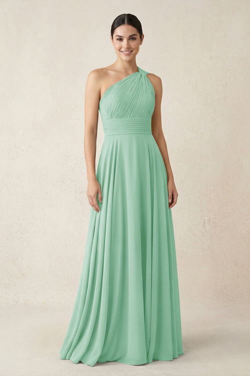 One - Shoulder A - Line Pleated Chiffon Bridesmaid Dress in Pale Pistachio - SHE IS ME Bridesmaid Dresses