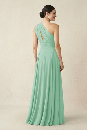One - Shoulder A - Line Pleated Chiffon Bridesmaid Dress in Pale Pistachio - SHE IS ME Bridesmaid Dresses