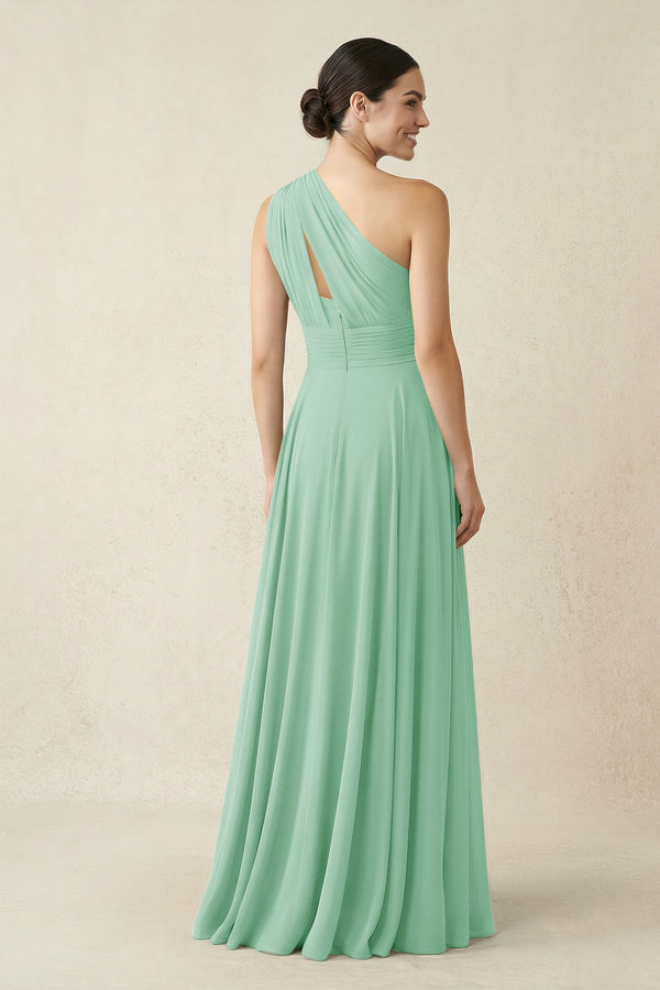 One - Shoulder A - Line Pleated Chiffon Bridesmaid Dress in Pale Pistachio - SHE IS ME Bridesmaid Dresses