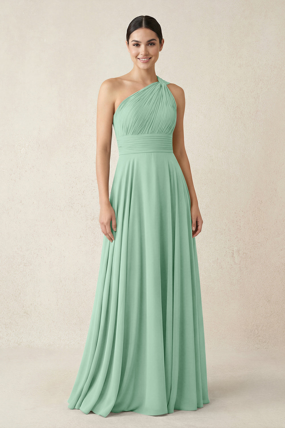 One-Shoulder A-Line Pleated Chiffon Bridesmaid Dress in Pale Pistachio
