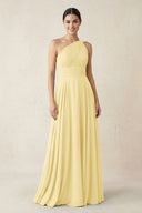 One - Shoulder A - Line Pleated Chiffon Bridesmaid Dress in Pastel Yellow - SHE IS ME Bridesmaid Dresses