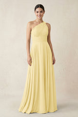 One - Shoulder A - Line Pleated Chiffon Bridesmaid Dress in Pastel Yellow - KISS BRIDAL Bridesmaid Dresses