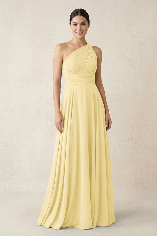 One - Shoulder A - Line Pleated Chiffon Bridesmaid Dress in Pastel Yellow - SHE IS ME Bridesmaid Dresses