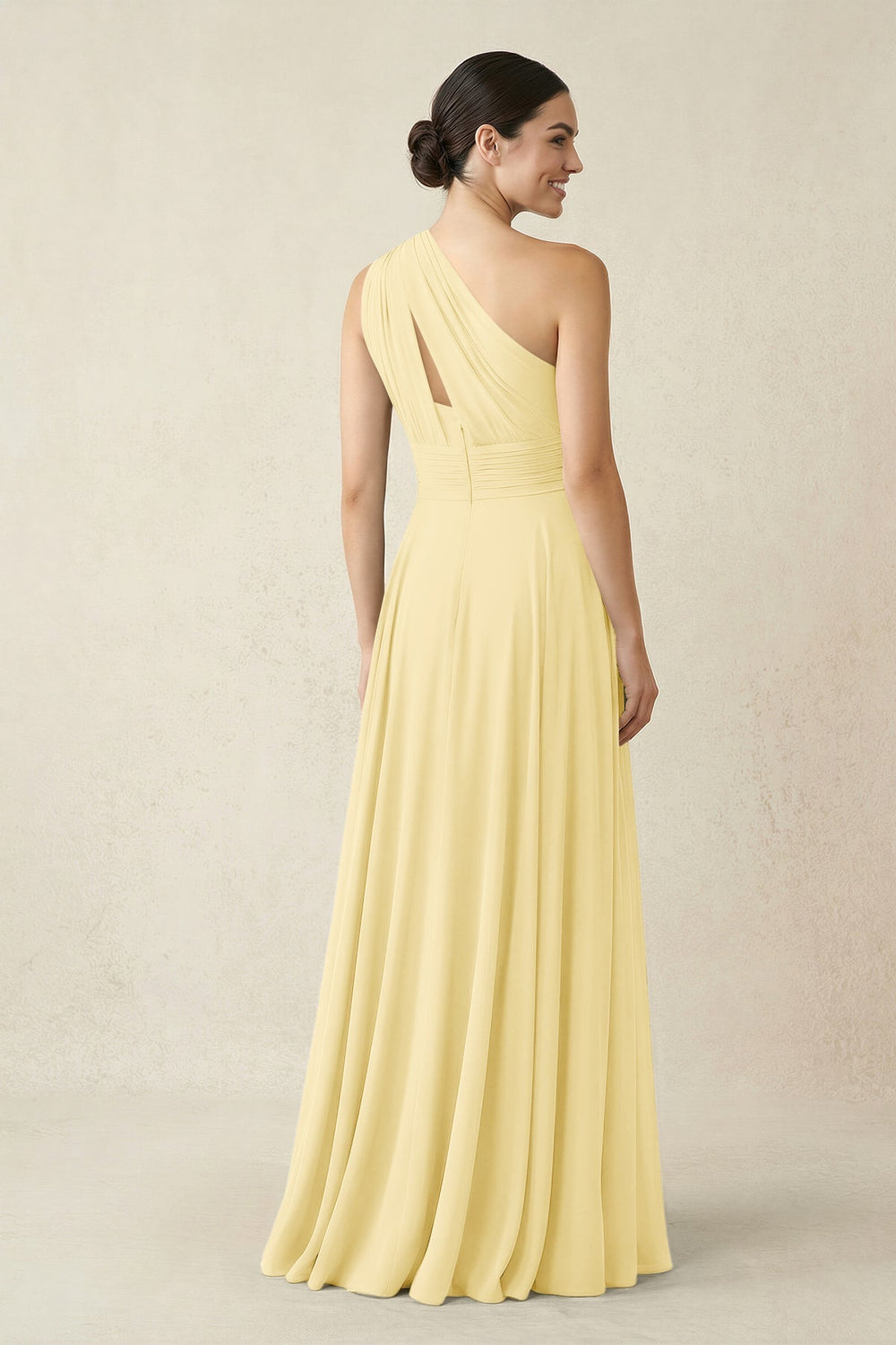 One - Shoulder A - Line Pleated Chiffon Bridesmaid Dress in Pastel Yellow - KISS BRIDAL Bridesmaid Dresses