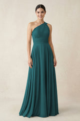 One - Shoulder A - Line Pleated Chiffon Bridesmaid Dress in Pine - KISS BRIDAL Bridesmaid Dresses