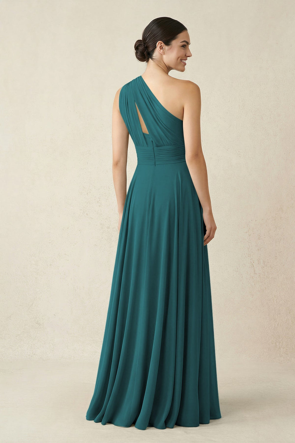 One - Shoulder A - Line Pleated Chiffon Bridesmaid Dress in Pine - KISS BRIDAL Bridesmaid Dresses