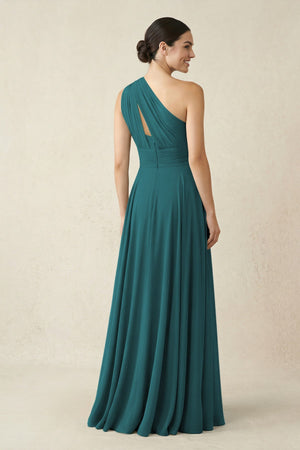 One - Shoulder A - Line Pleated Chiffon Bridesmaid Dress in Pine - SHE IS ME Bridesmaid Dresses