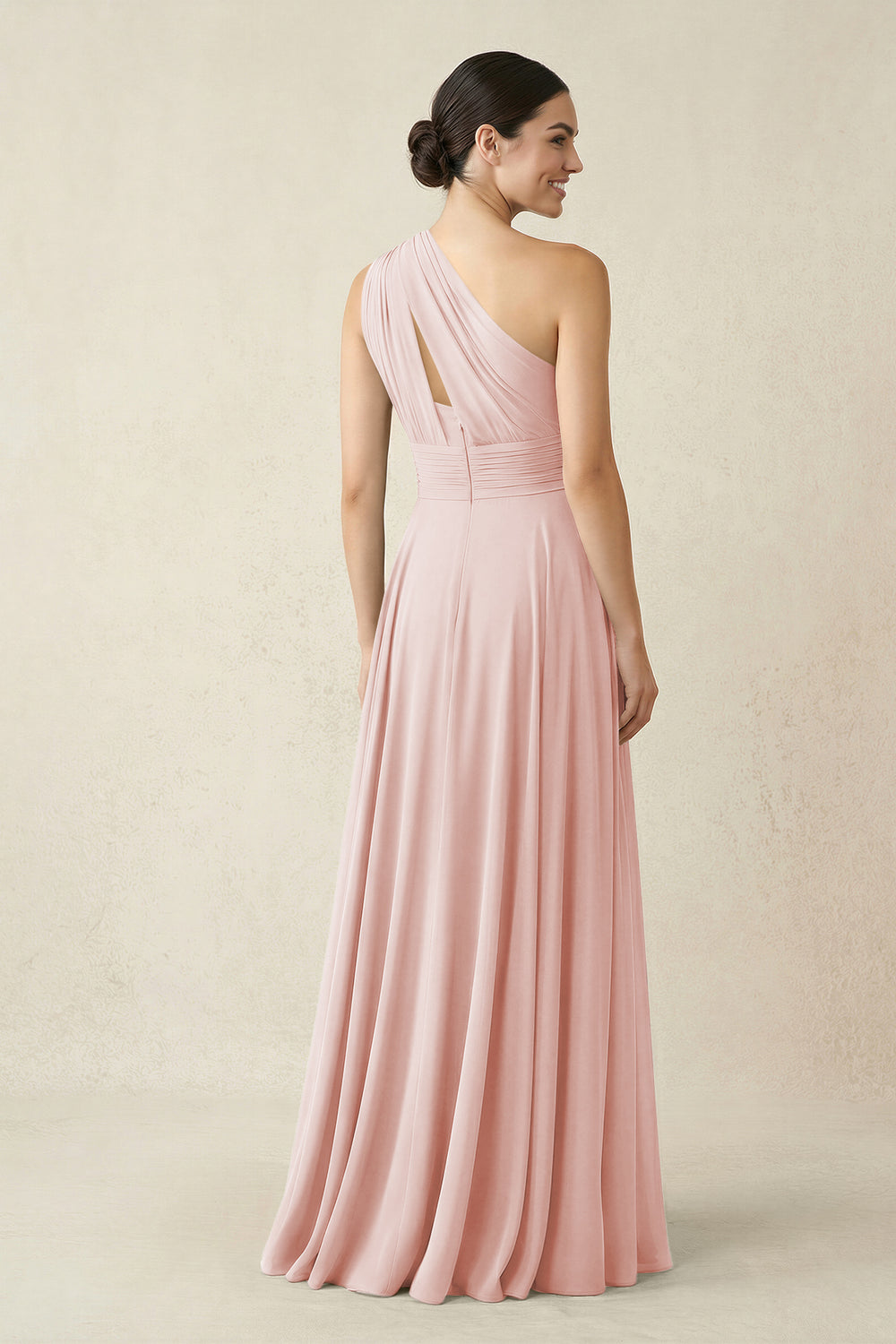 One-Shoulder A-Line Pleated Chiffon Bridesmaid Dress in Rose Petal