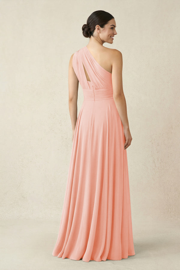 One - Shoulder A - Line Pleated Chiffon Bridesmaid Dress in Rose Petal - SHE IS ME Bridesmaid Dresses