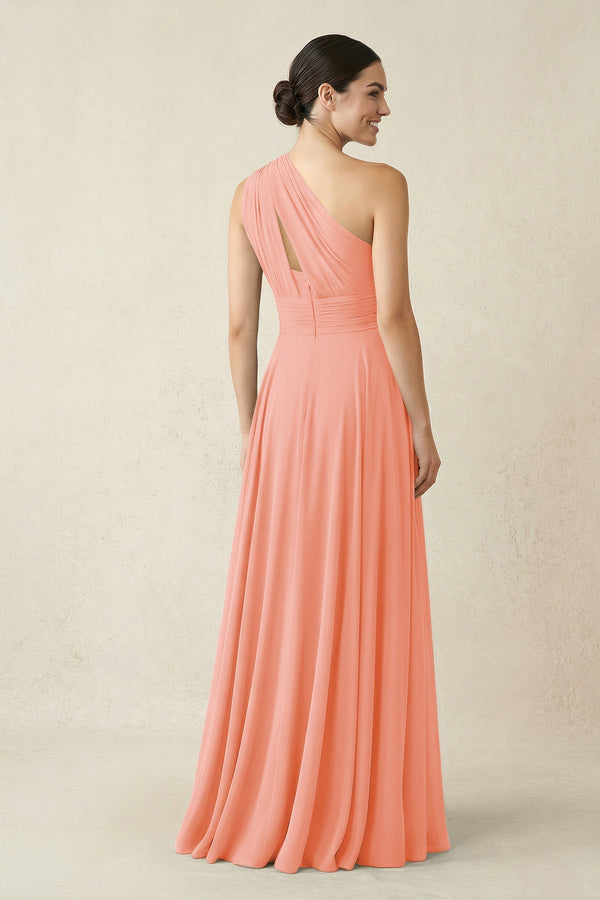 One - Shoulder A - Line Pleated Chiffon Bridesmaid Dress in Rosette - SHE IS ME Bridesmaid Dresses