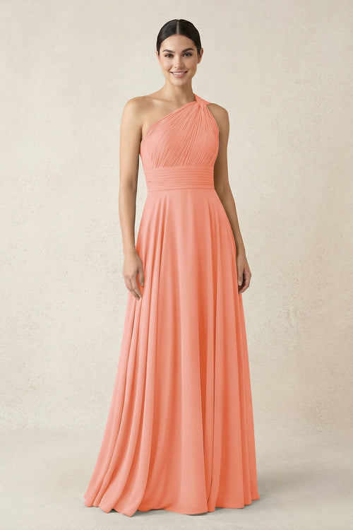 One - Shoulder A - Line Pleated Chiffon Bridesmaid Dress in Rosette - SHE IS ME Bridesmaid Dresses
