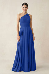 One - Shoulder A - Line Pleated Chiffon Bridesmaid Dress in Royal Blue - KISS BRIDAL Bridesmaid Dresses