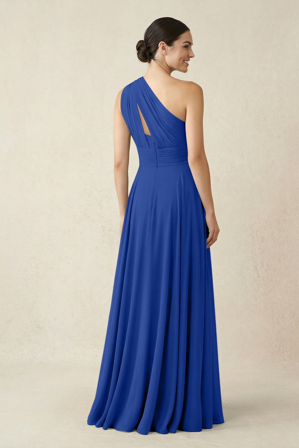 One - Shoulder A - Line Pleated Chiffon Bridesmaid Dress in Royal Blue - KISS BRIDAL Bridesmaid Dresses