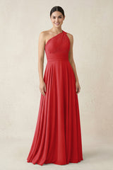One - Shoulder A - Line Pleated Chiffon Bridesmaid Dress in Ruby Red - KISS BRIDAL Bridesmaid Dresses
