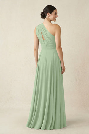 One - Shoulder A - Line Pleated Chiffon Bridesmaid Dress in Sage - SHE IS ME Bridesmaid Dresses
