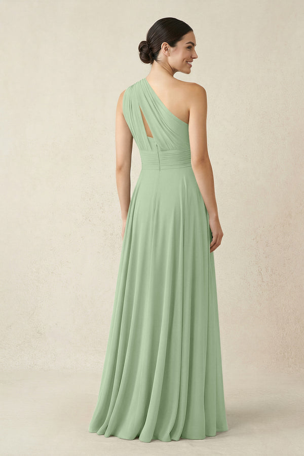 One - Shoulder A - Line Pleated Chiffon Bridesmaid Dress in Sage - SHE IS ME Bridesmaid Dresses