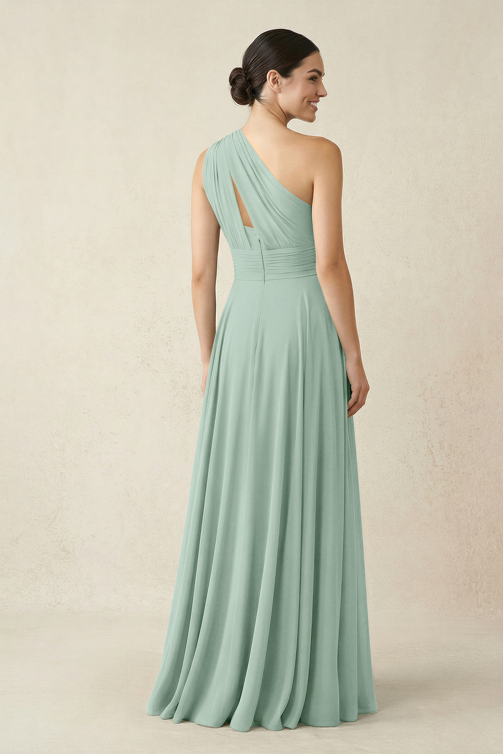 One-Shoulder A-Line Pleated Chiffon Bridesmaid Dress in Sage