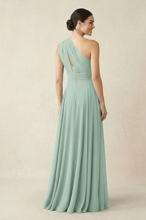 One-Shoulder A-Line Pleated Chiffon Bridesmaid Dress in Sage (2) | KISSBRIDAL