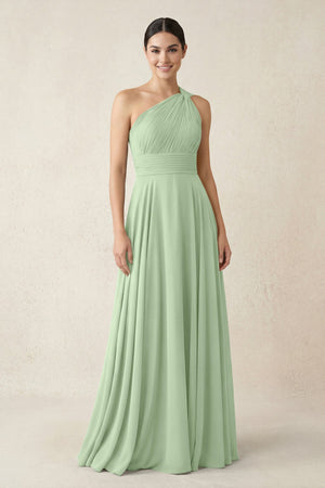 One - Shoulder A - Line Pleated Chiffon Bridesmaid Dress in Sage - SHE IS ME Bridesmaid Dresses