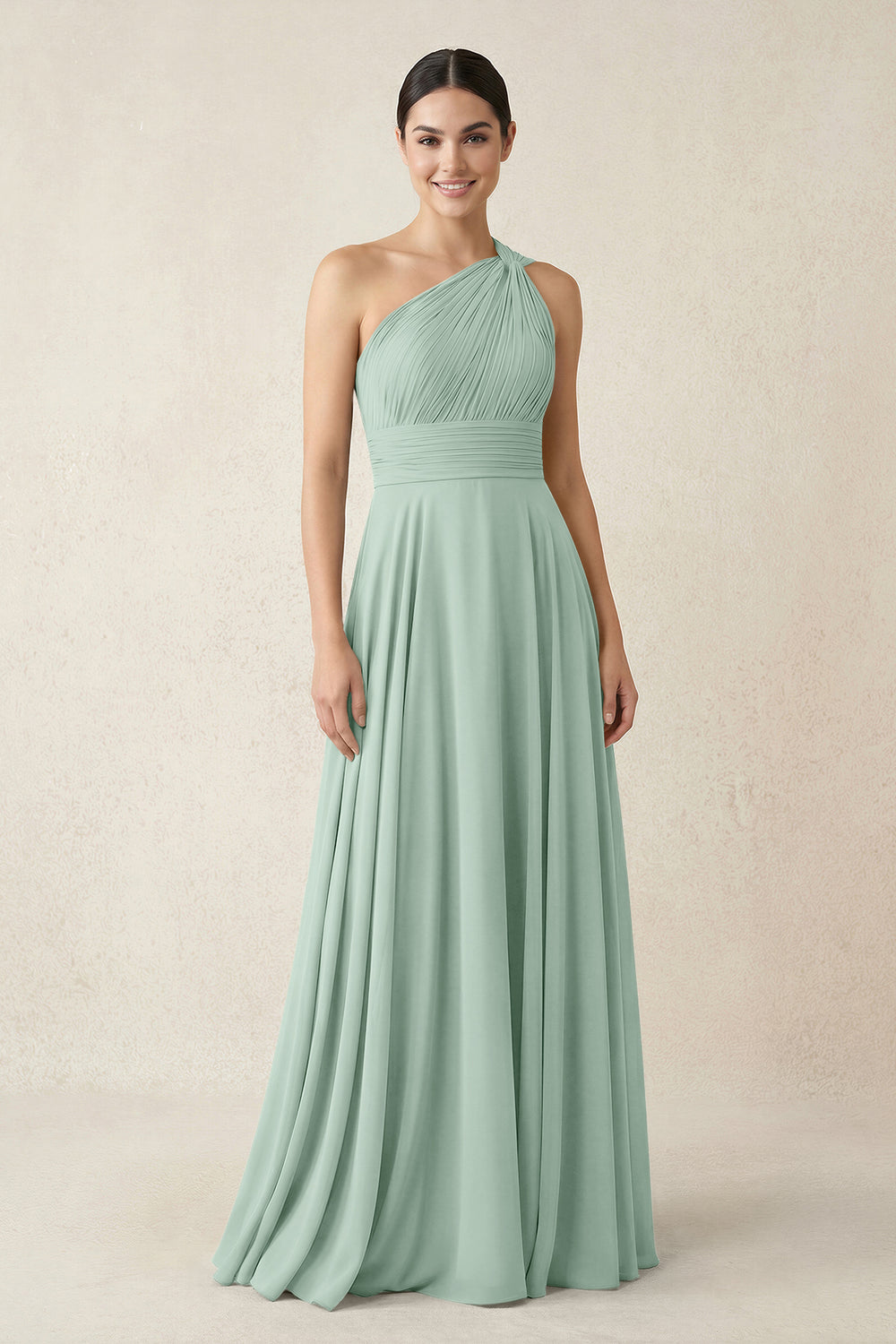 One-Shoulder A-Line Pleated Chiffon Bridesmaid Dress in Sage