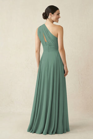 One-Shoulder A-Line Pleated Chiffon Bridesmaid Dress in Sea Glass (2) | KISSBRIDAL