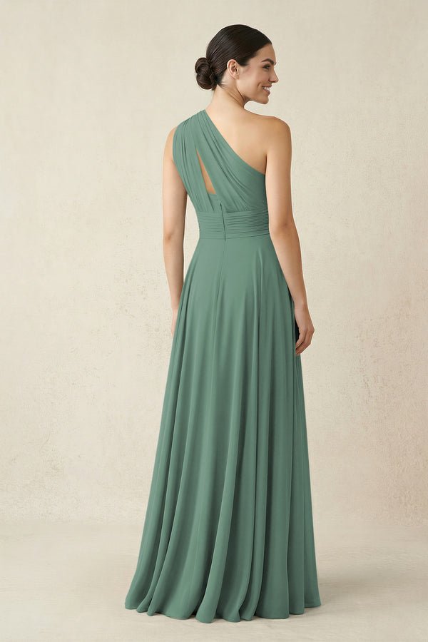 One-Shoulder A-Line Pleated Chiffon Bridesmaid Dress in Sea Glass (2) | KISSBRIDAL