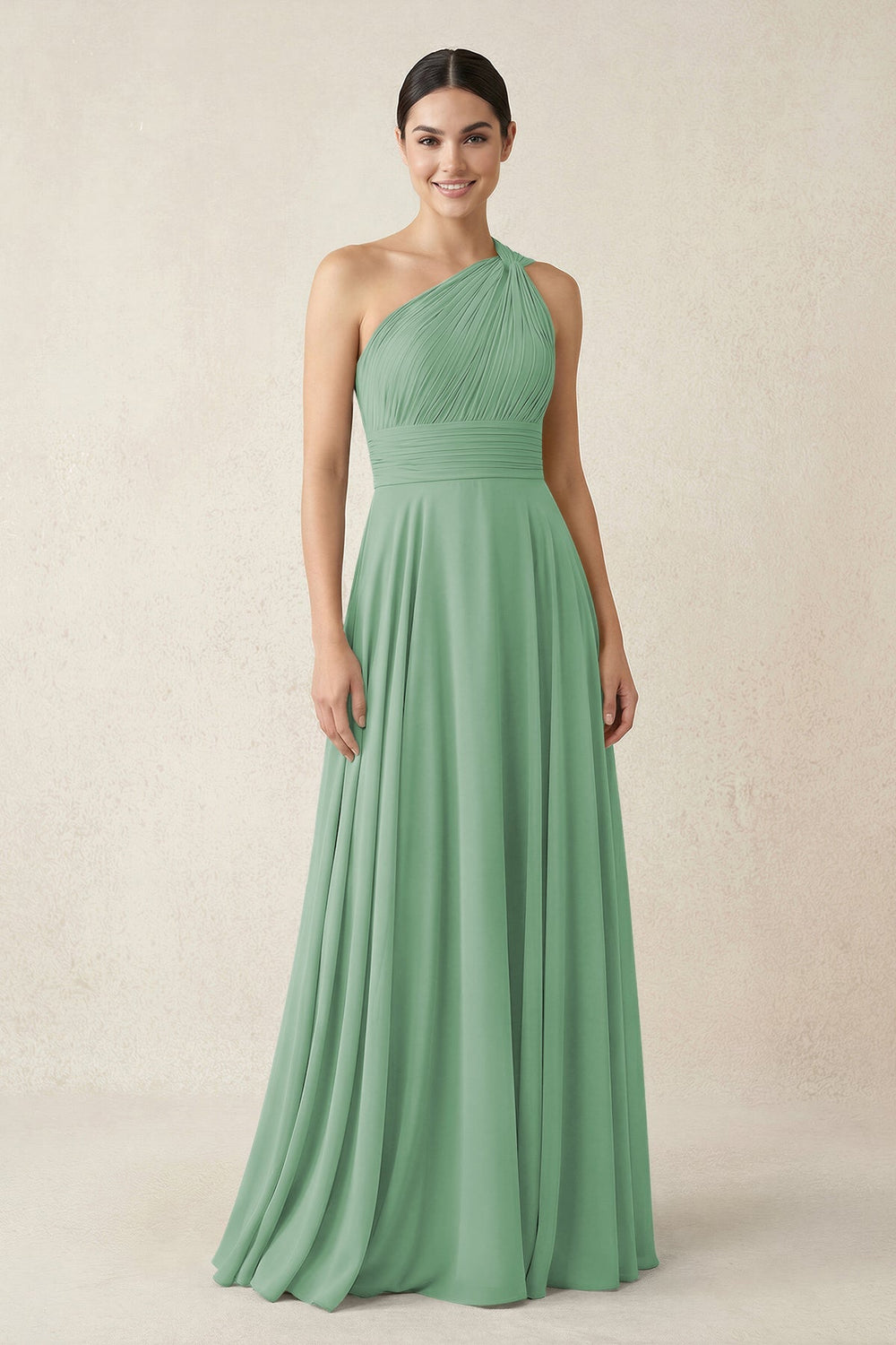 One - Shoulder A - Line Pleated Chiffon Bridesmaid Dress in Sea Glass - KISS BRIDAL Bridesmaid Dresses