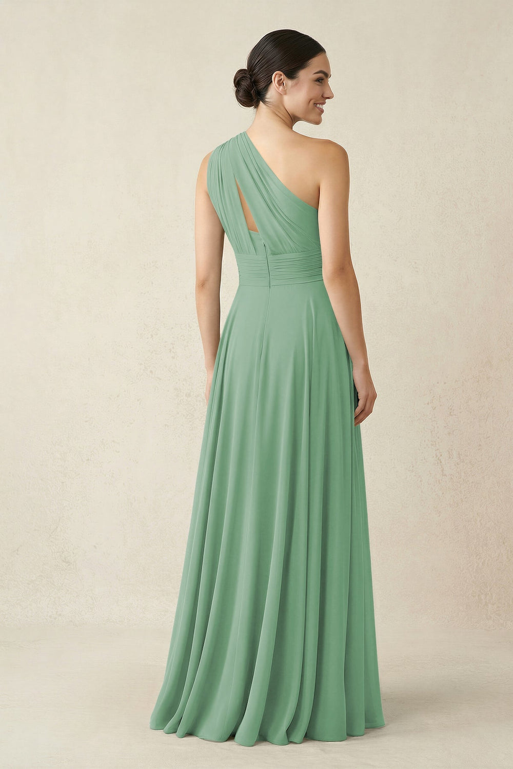 One - Shoulder A - Line Pleated Chiffon Bridesmaid Dress in Sea Glass - KISS BRIDAL Bridesmaid Dresses