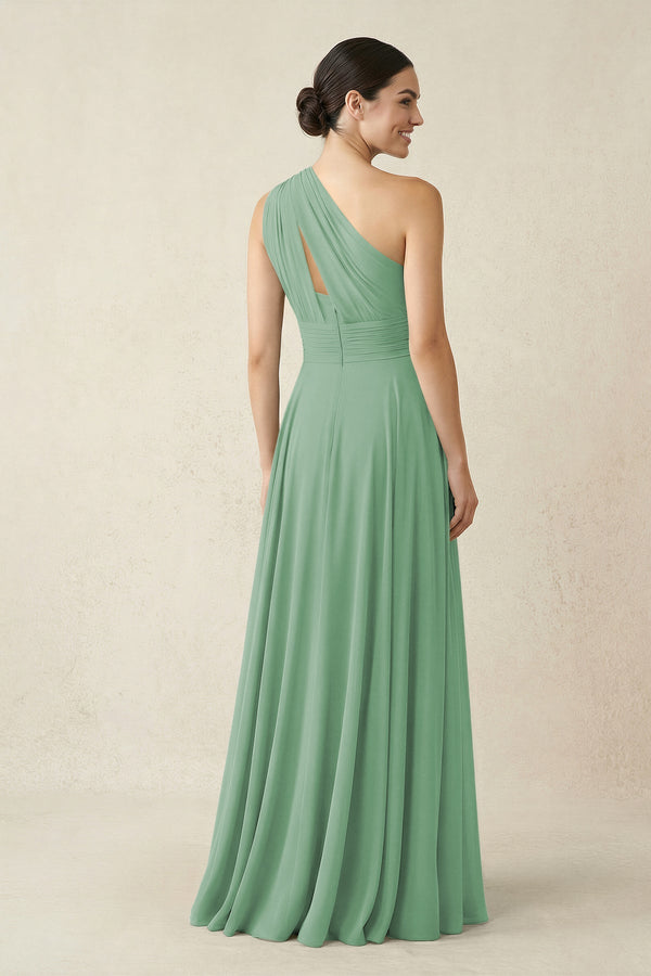 One - Shoulder A - Line Pleated Chiffon Bridesmaid Dress in Sea Glass - SHE IS ME Bridesmaid Dresses