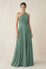 One-Shoulder A-Line Pleated Chiffon Bridesmaid Dress in Sea Glass | KISSBRIDAL