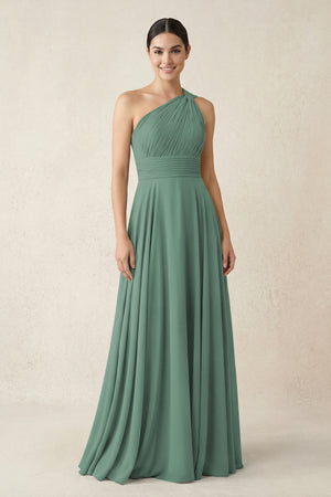 One-Shoulder A-Line Pleated Chiffon Bridesmaid Dress in Sea Glass | KISSBRIDAL