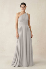 One - Shoulder A - Line Pleated Chiffon Bridesmaid Dress in Silver - KISS BRIDAL Bridesmaid Dresses