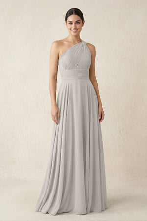 One - Shoulder A - Line Pleated Chiffon Bridesmaid Dress in Silver - SHE IS ME Bridesmaid Dresses