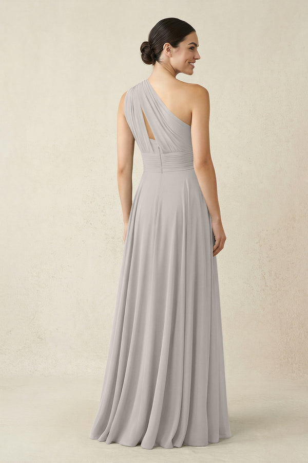 One - Shoulder A - Line Pleated Chiffon Bridesmaid Dress in Silver - SHE IS ME Bridesmaid Dresses