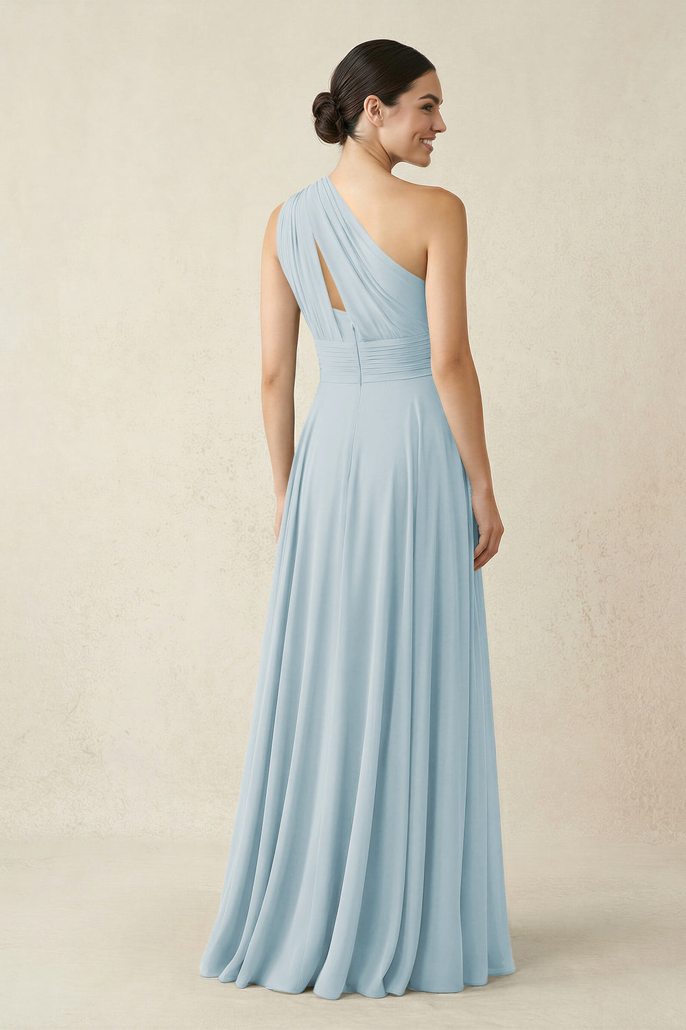 One-Shoulder A-Line Pleated Chiffon Bridesmaid Dress in Sky Blue
