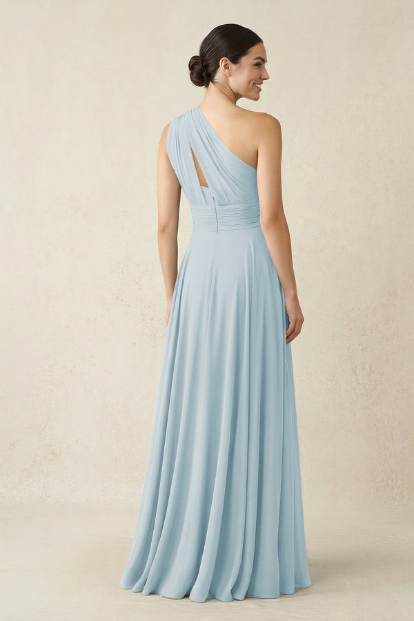 One-Shoulder A-Line Pleated Chiffon Bridesmaid Dress in Sky Blue (2) | KISSBRIDAL
